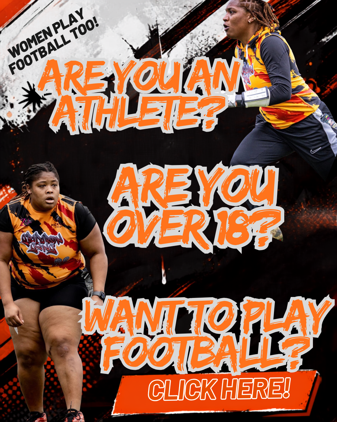Women play football too. Are you an athlete? Are you over 18? Want to play football? Click here to join the adult women's flag football team.